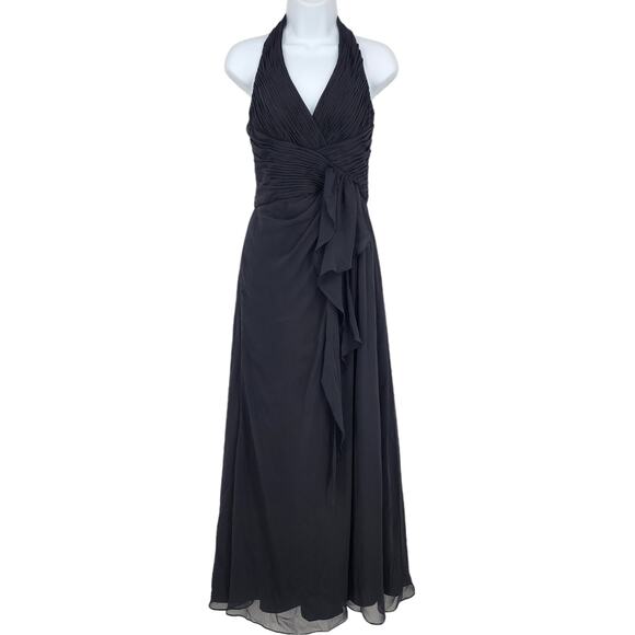 Davids Bridal Soft Crinkle Chiffon Halter Draped Cascade Dress Size 2 Black - Picture 2 of 7